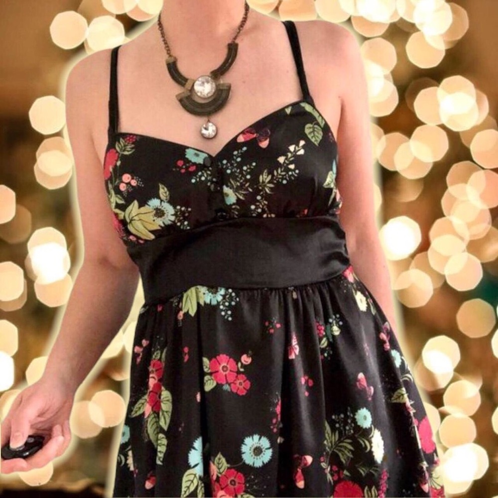 Vintage 90s Black Floral Print Satin Skater Dress